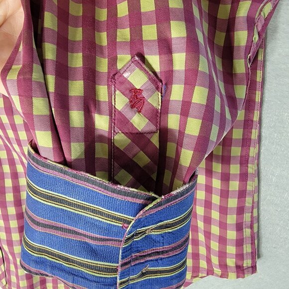 Robert Graham Mens Contrast Cuff Colorful Button Up Shirt Purple Plaid Size XL - Picture 3 of 11
